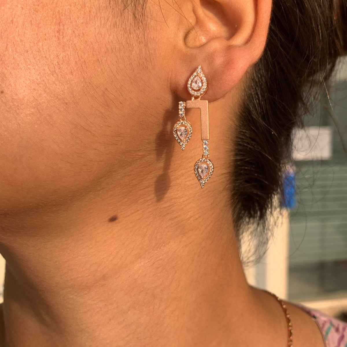 Rose Gold CZ Diamond Drop Pendant with Earrings in 925 Silver