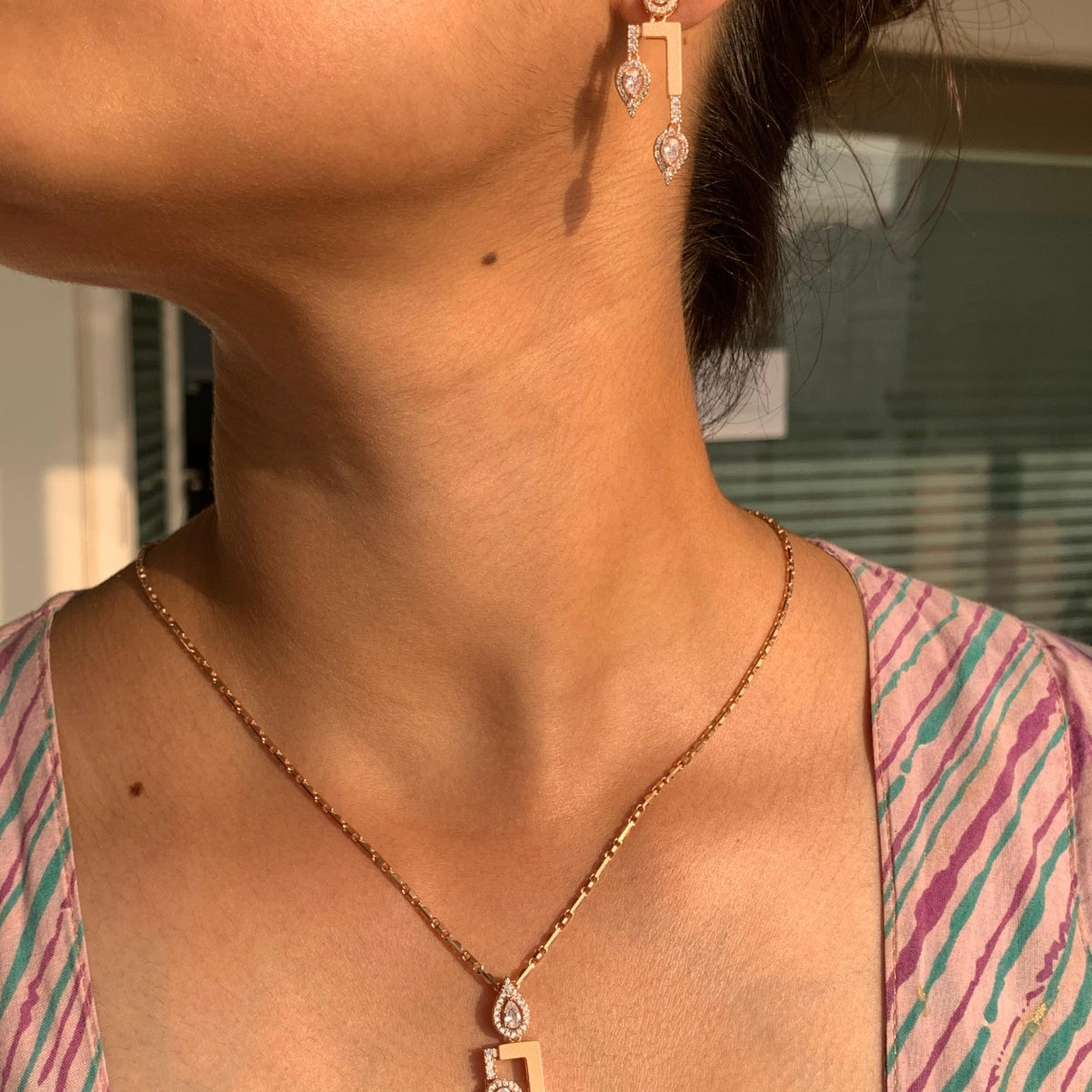 Rose Gold CZ Diamond Drop Pendant with Earrings in 925 Silver