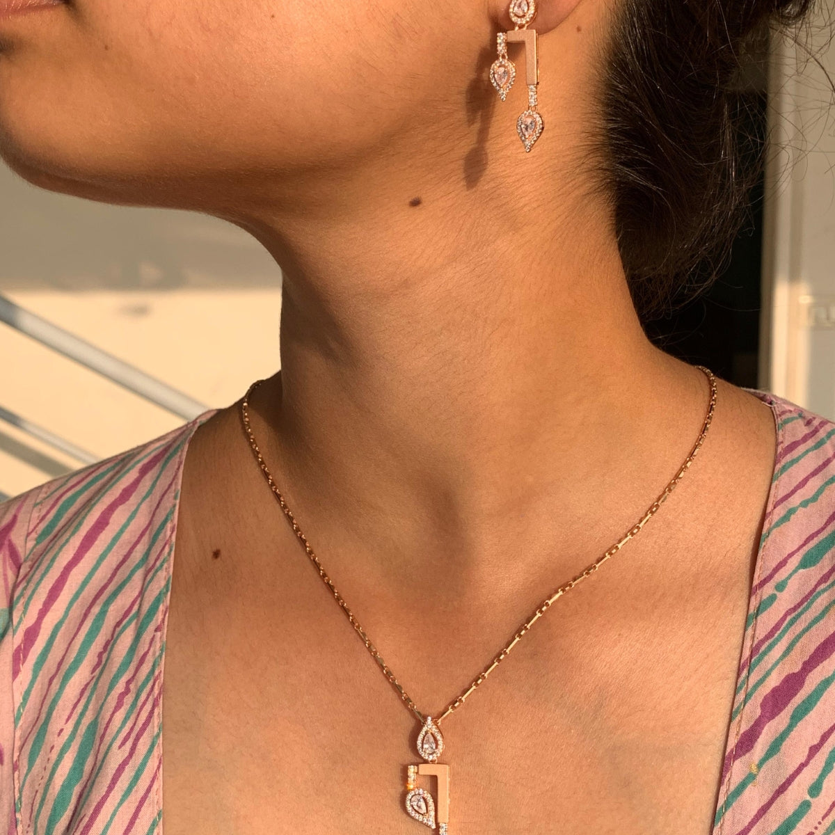 Rose Gold CZ Diamond Drop Pendant with Earrings in 925 Silver