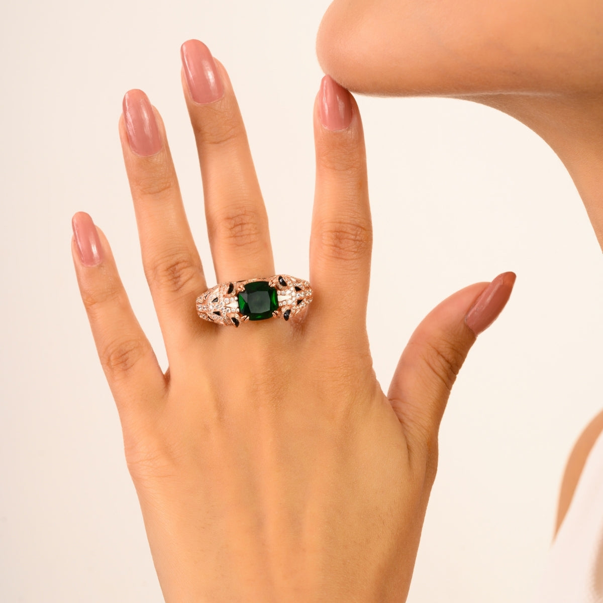 925 Sterling Silver Rose Gold Dual Panther Ring with Emerald