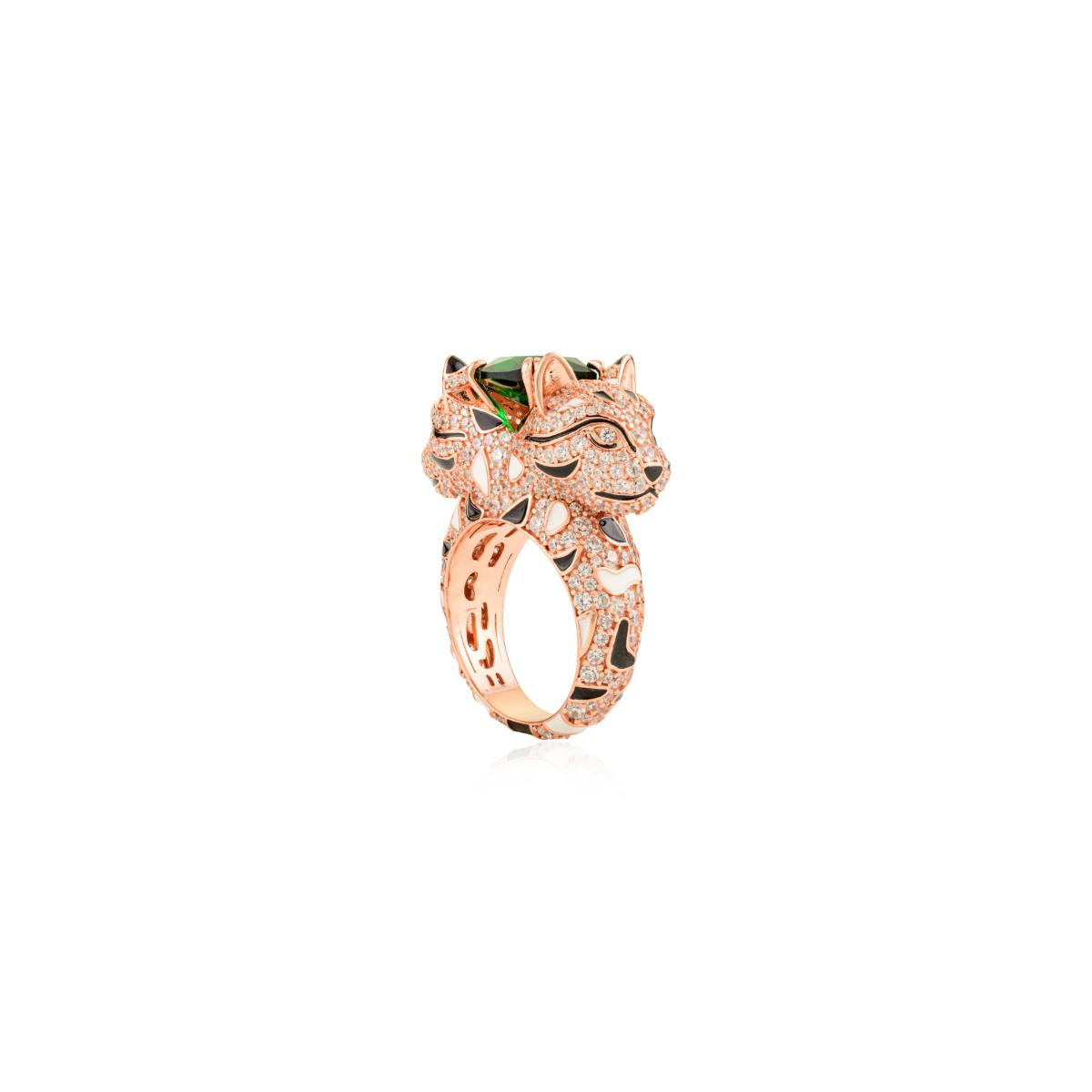 925 Sterling Silver Rose Gold Dual Panther Ring with Emerald