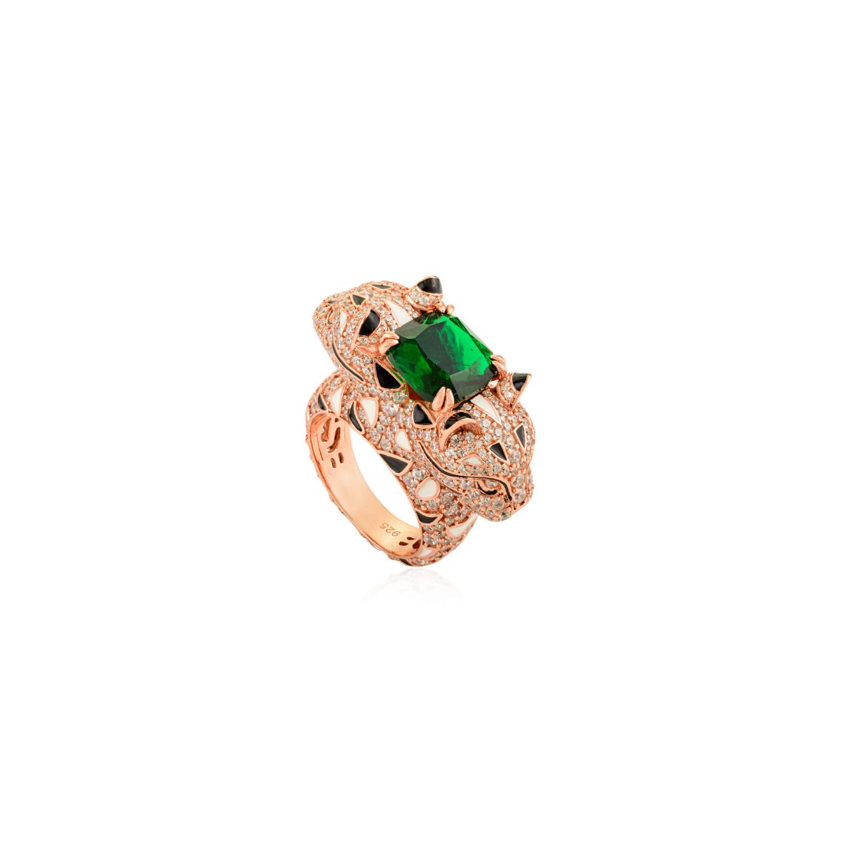 925 Sterling Silver Rose Gold Dual Panther Ring with Emerald