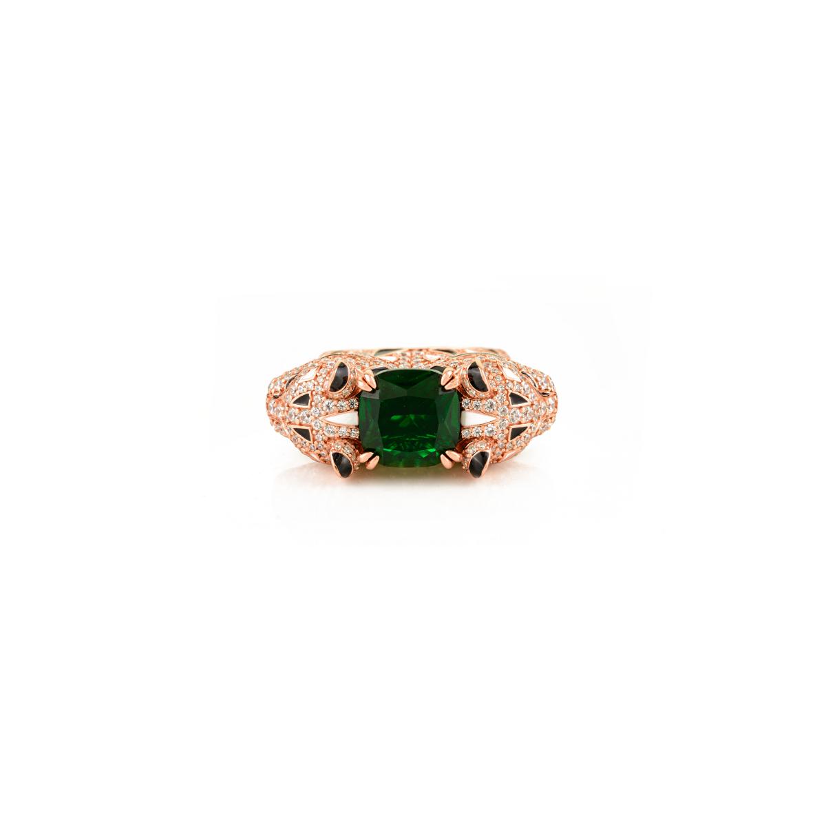 925 Sterling Silver Rose Gold Dual Panther Ring with Emerald