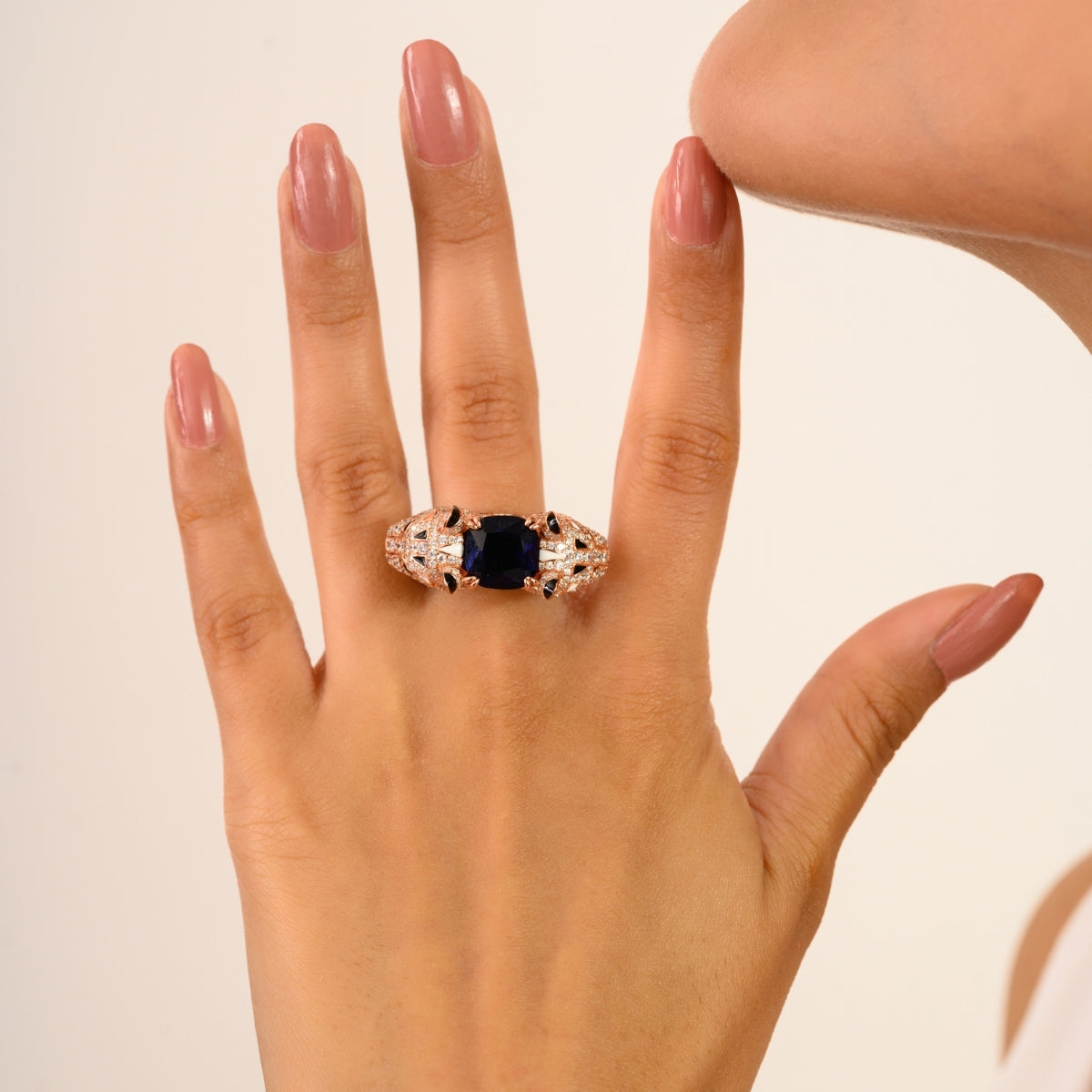 925 Sterling Silver Rose Gold Dual Panther Ring with Blue Sapphire