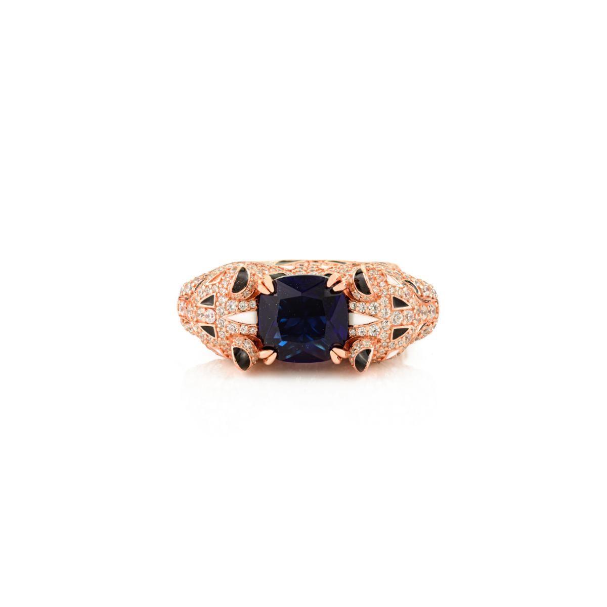 925 Sterling Silver Rose Gold Dual Panther Ring with Blue Sapphire