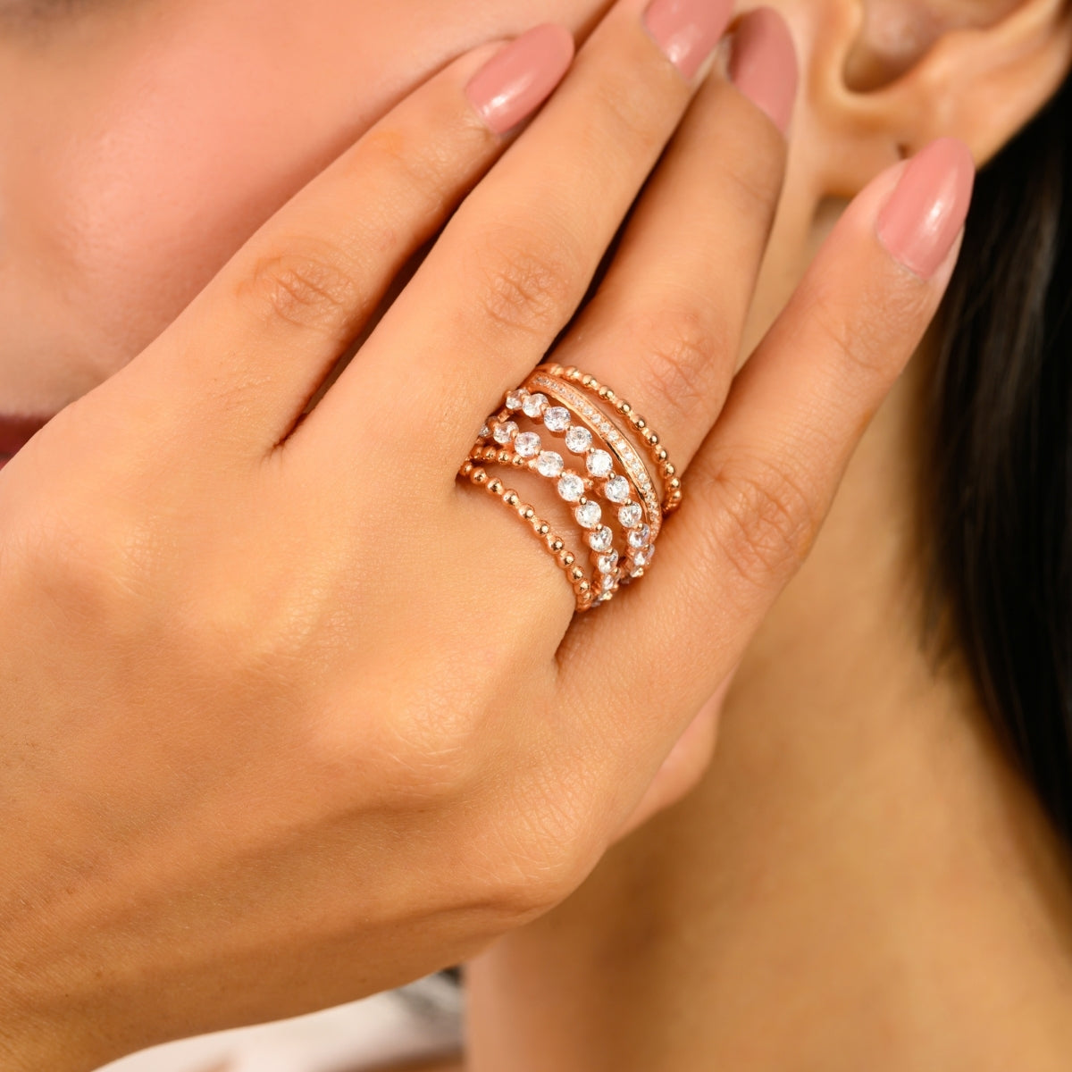 925 Sterling Silver Rose Gold Multi Layer Ring