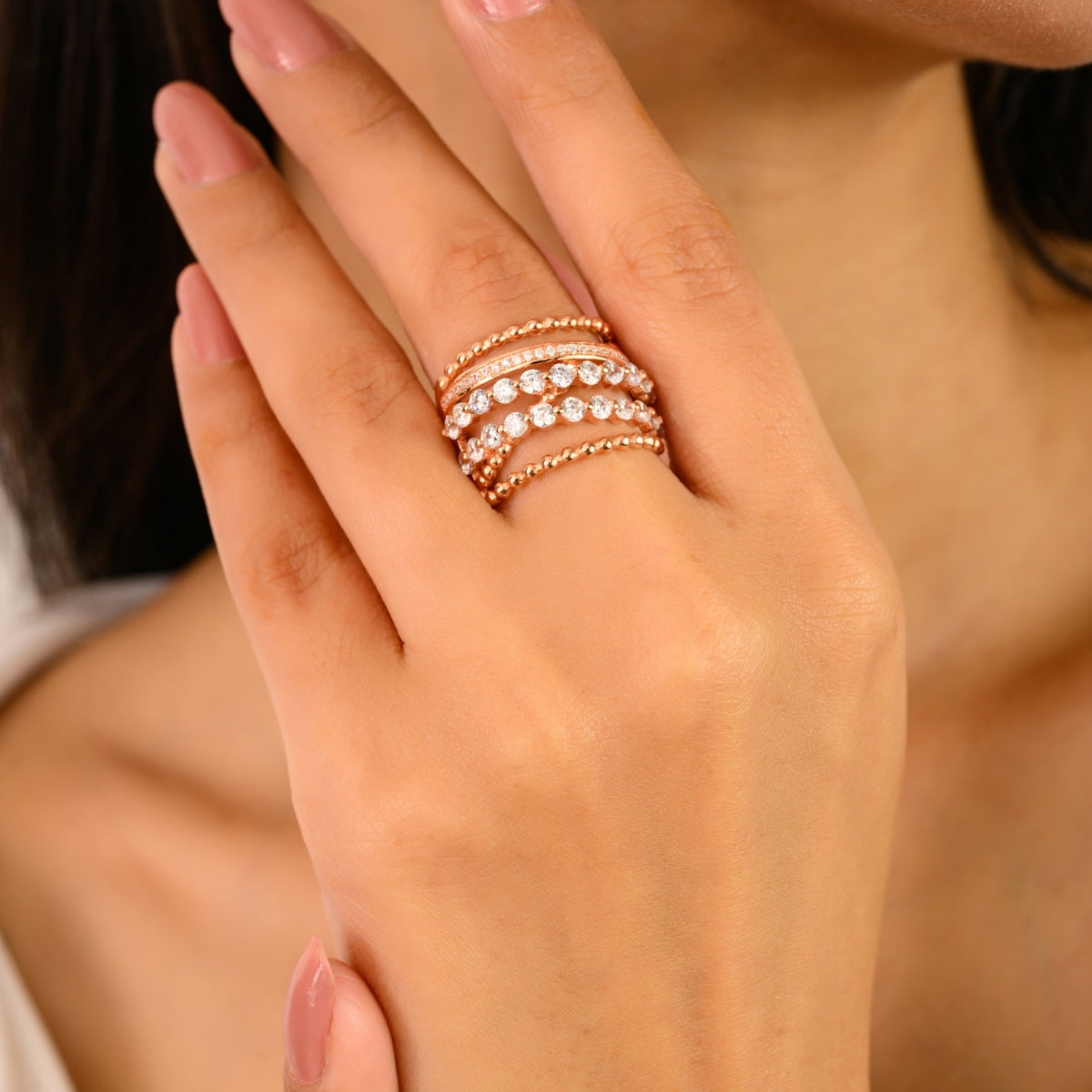 925 Sterling Silver Rose Gold Multi Layer Ring