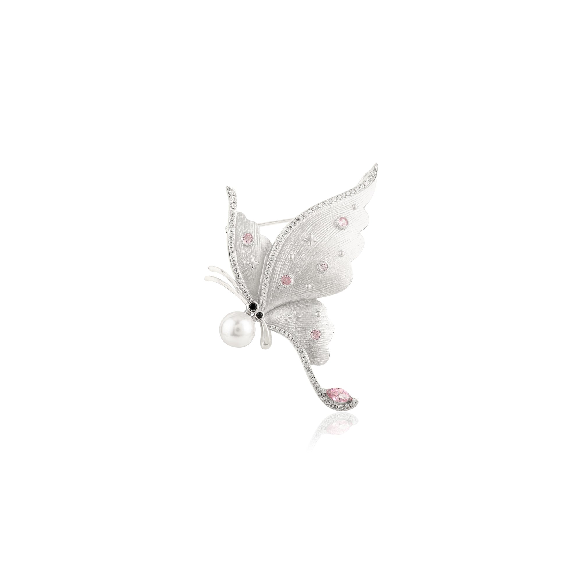 White Gold Butterfly Brooch with Pearl Charm