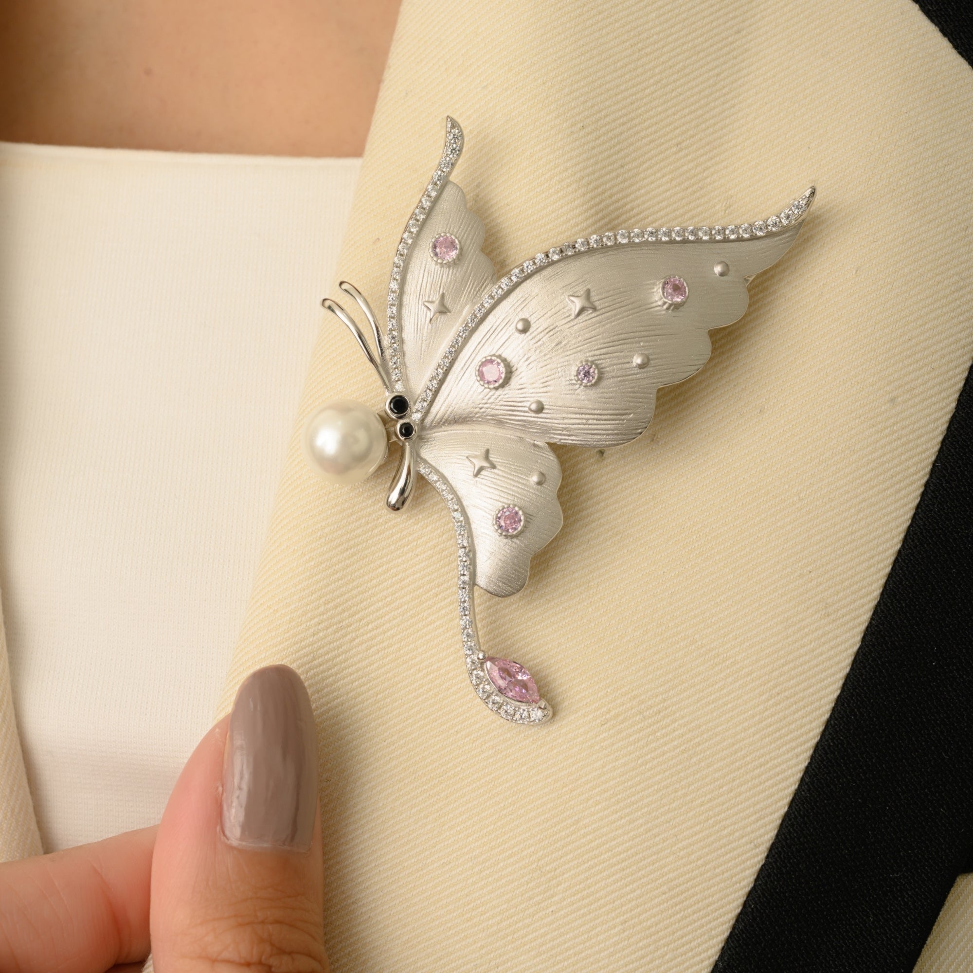 White Gold Butterfly Brooch with Pearl Charm