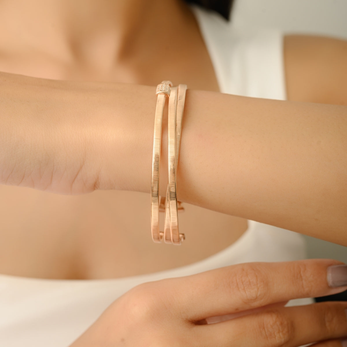 Rose Gold Diamond Multi Layer Cuff Bangle Bracelet