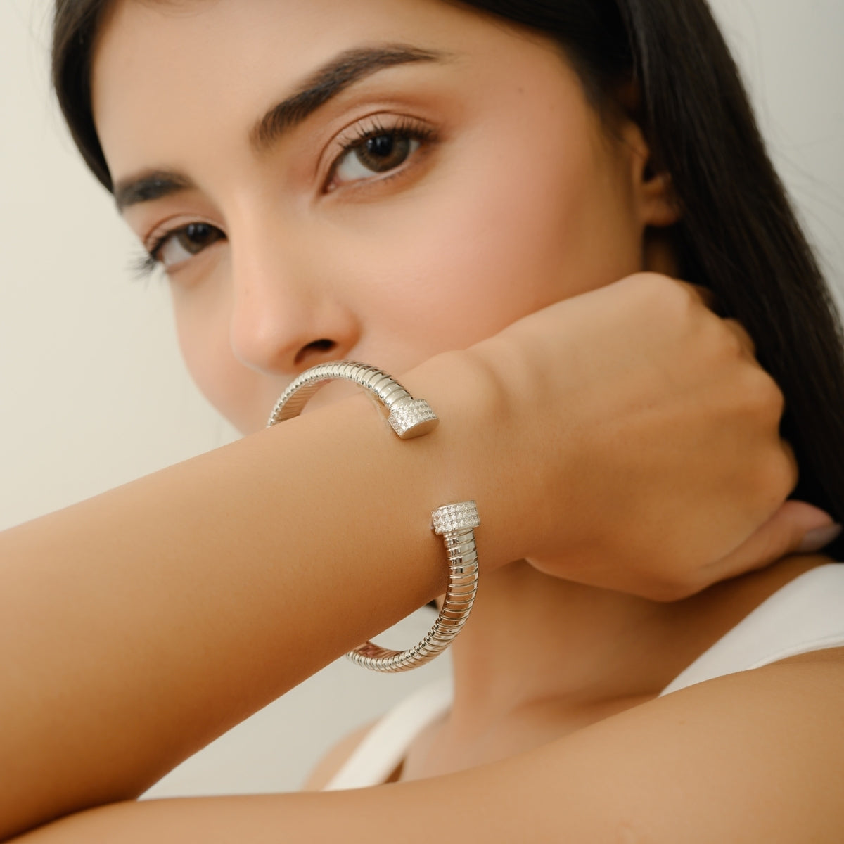 925 Sterling Silver Diamond Front Open Cuff Bangle Bracelet