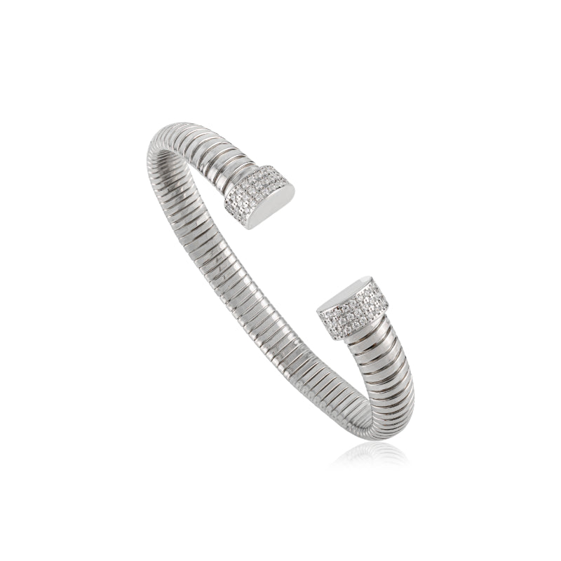 925 Sterling Silver Diamond Front Open Cuff Bangle Bracelet