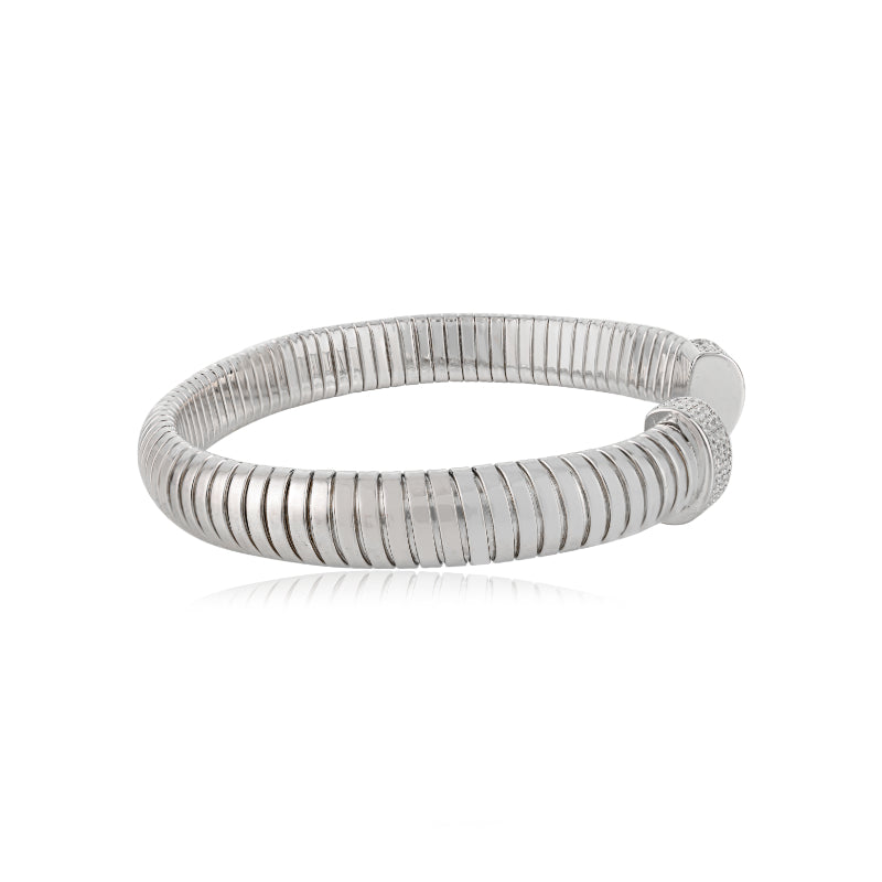 925 Sterling Silver Diamond Front Open Cuff Bangle Bracelet