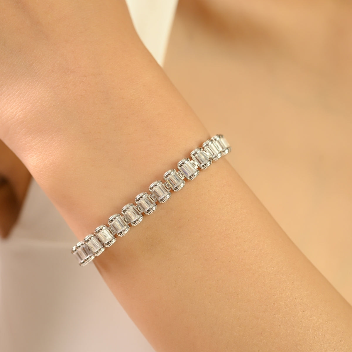 Chunky Silver Tennis Bracelet with Rectangular Baguette in CZ