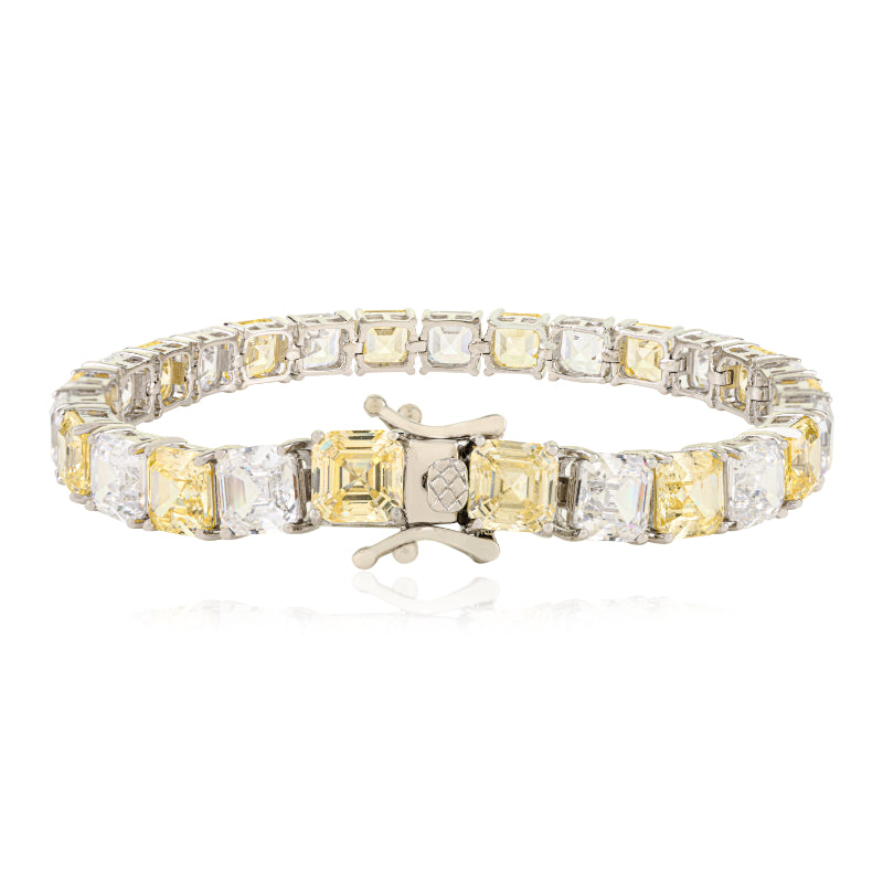 925 Silver White and Yellow CZ Square Tennis Bracelet
