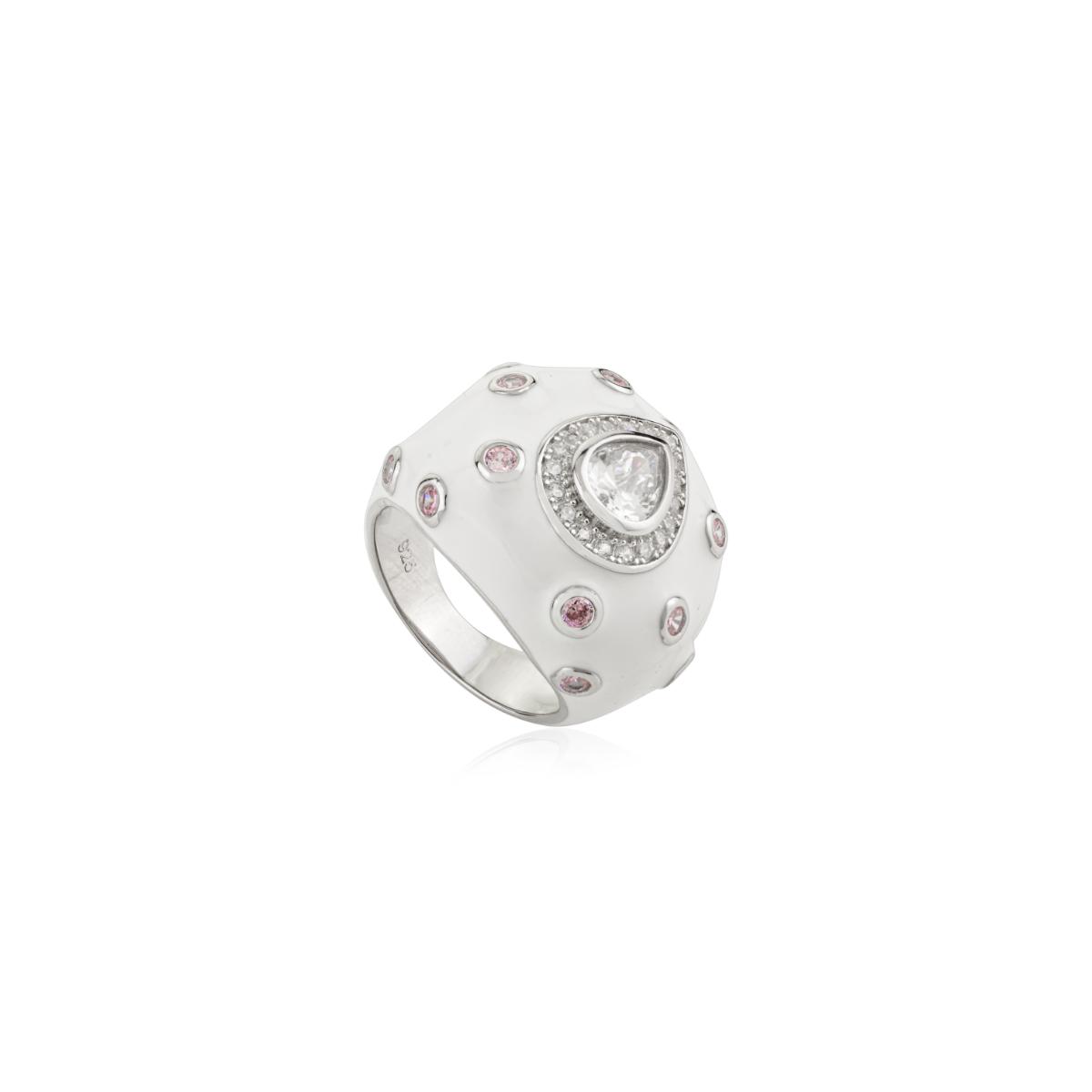 925 Sterling Silver White Enamel with Pear Diamond Retro Ring