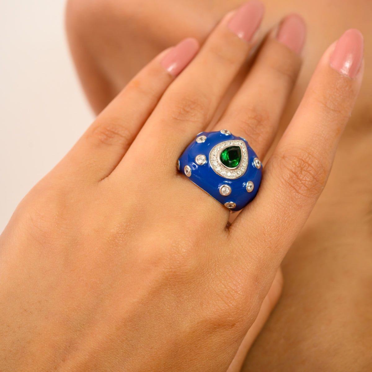925 Sterling Silver Blue Enamel with Green Pear Retro Ring