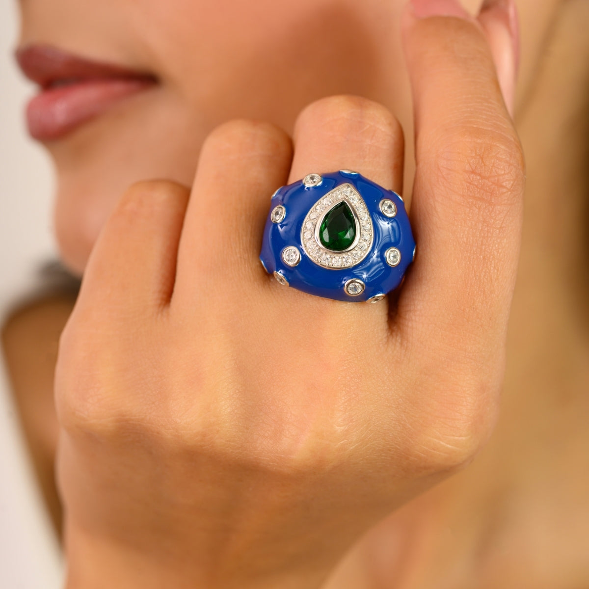 925 Sterling Silver Blue Enamel with Green Pear Retro Ring