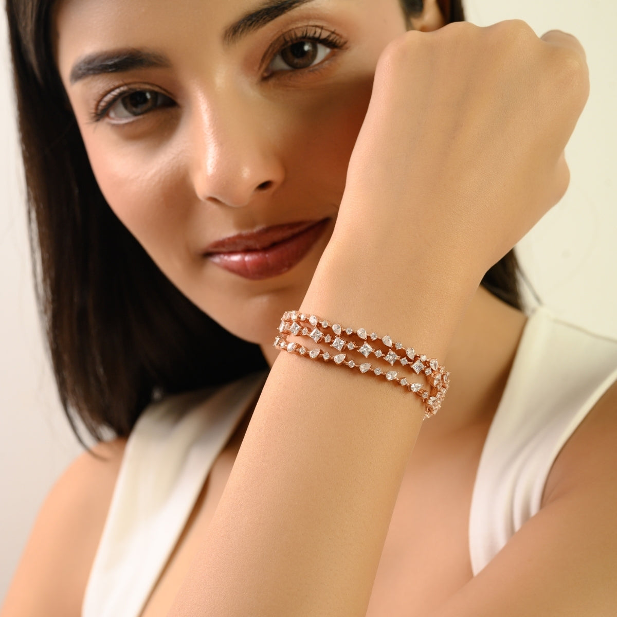 Sterling Silver Multi Cut White CZ Three Layer Bracelet