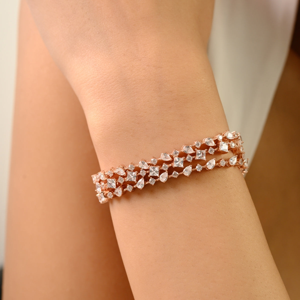 Sterling Silver Multi Cut White CZ Three Layer Bracelet