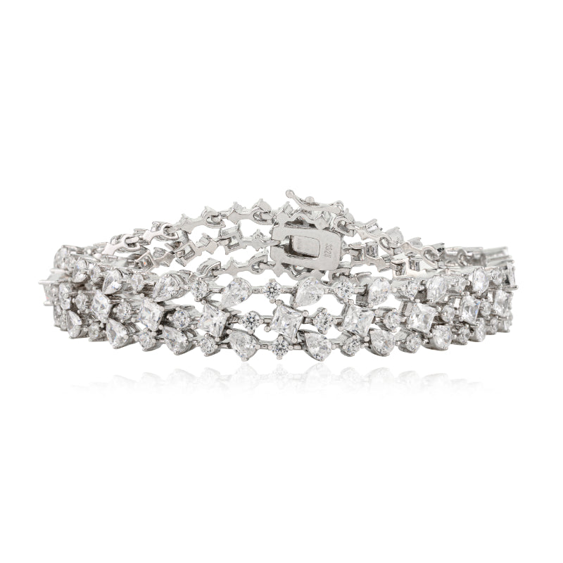 Sterling Silver Multi Cut White CZ Three Layer Bracelet