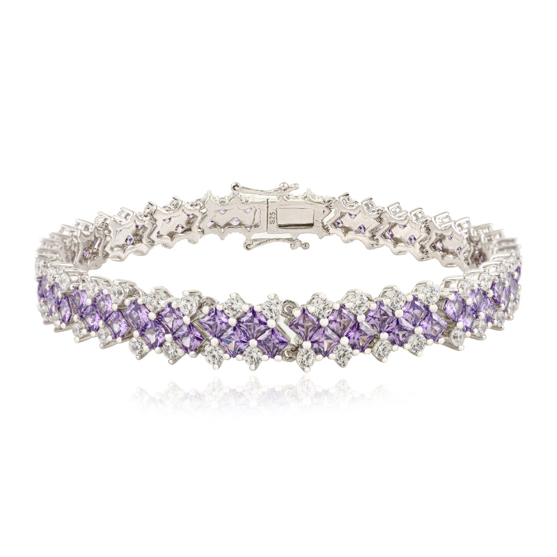 925 Sterling Silver Brilliant Round White and Purple CZ Tennis Bracelet