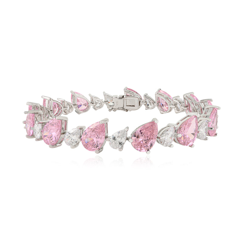 925 Sterling Silver Brilliant Pear Cut White and Pink CZ Tennis Bracelet