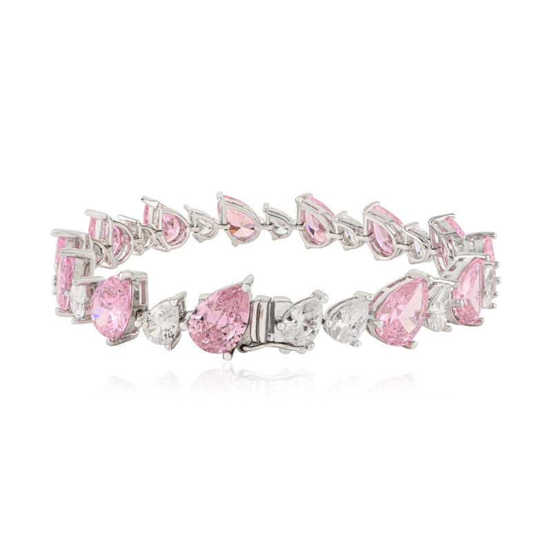 925 Sterling Silver Brilliant Pear Cut White and Pink CZ Tennis Bracelet