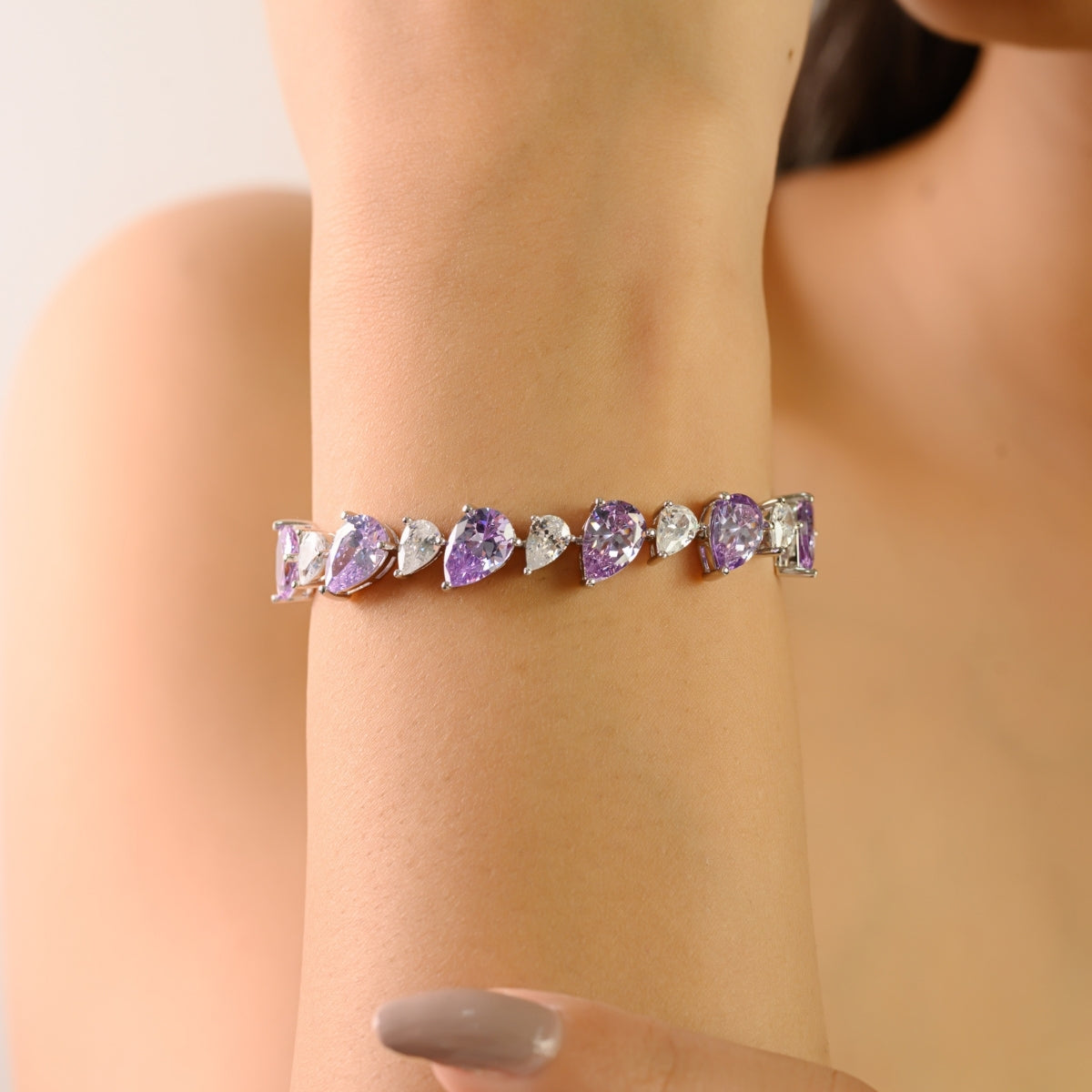 925 Sterling Silver Brilliant Pear Cut White and Purple CZ Tennis Bracelet