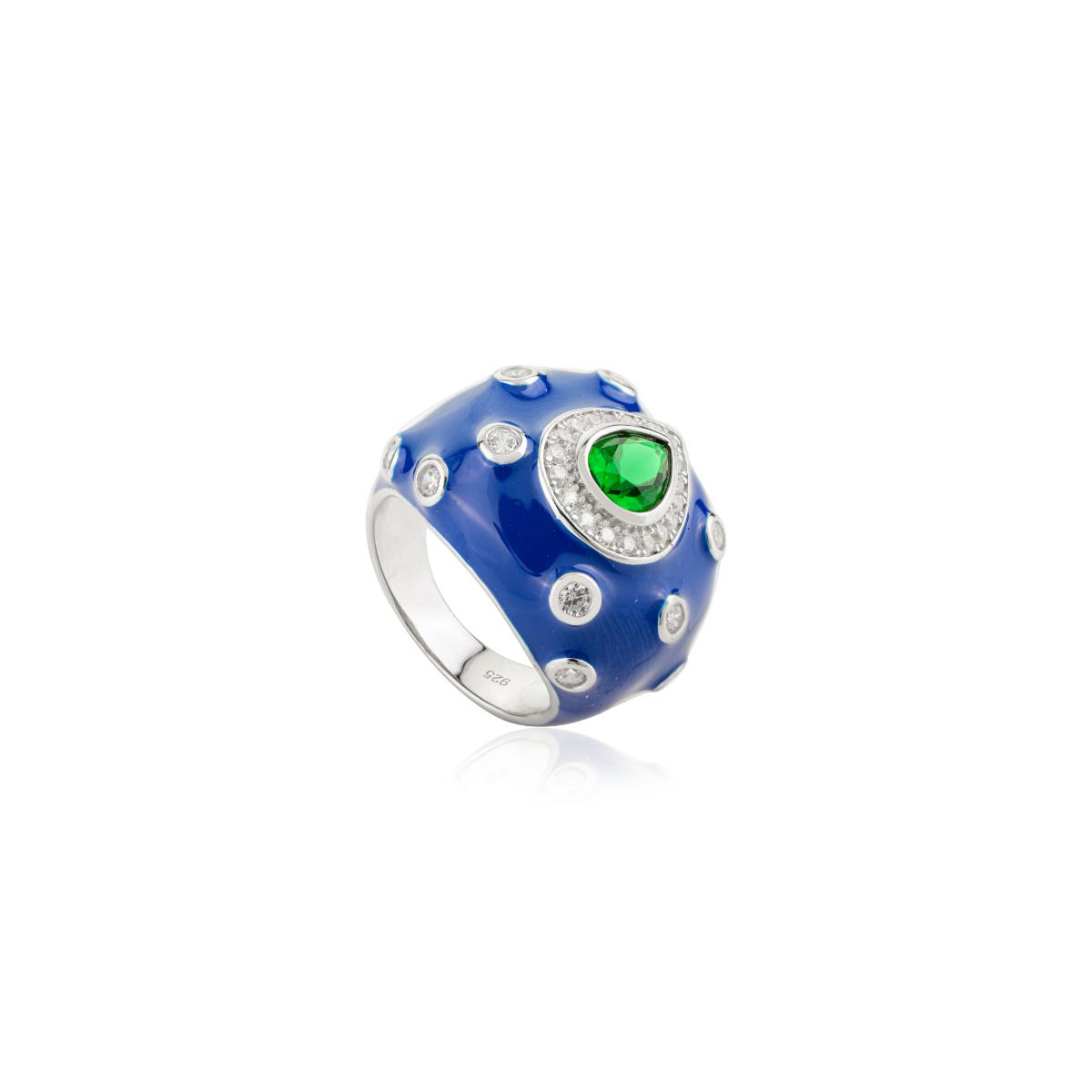 925 Sterling Silver Blue Enamel with Green Pear Retro Ring