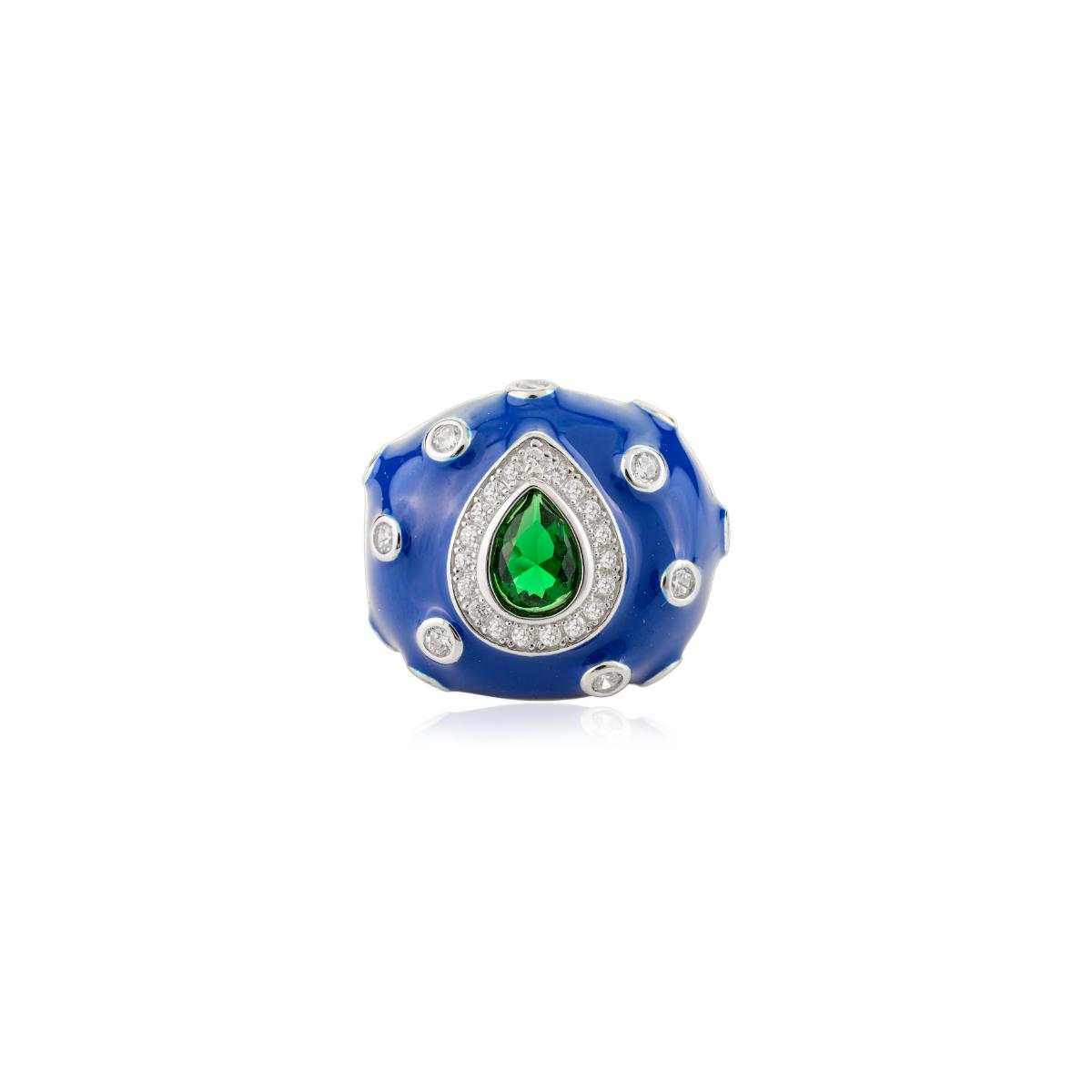 925 Sterling Silver Blue Enamel with Green Pear Retro Ring