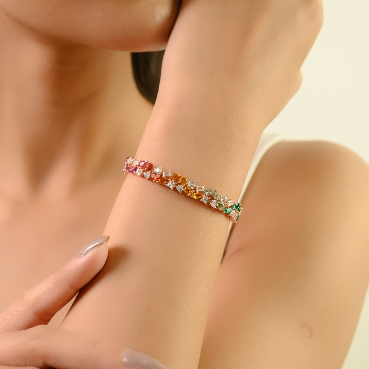 18k Rose Gold Vibrant Rainbow CZ Bracelet with Multi-Color Cubic Zircons