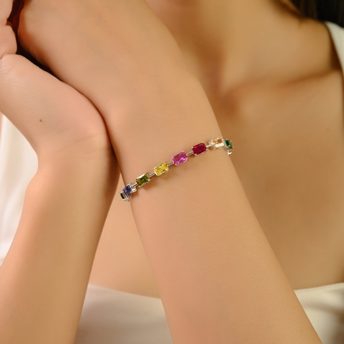 Multi-Color CZ Link Bracelet in Sterling Silver