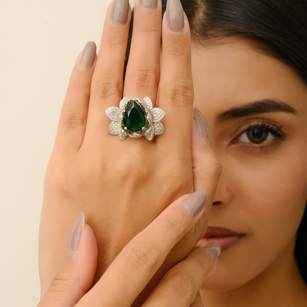 Designer Lotus Ring with Green Crystal and White CZ