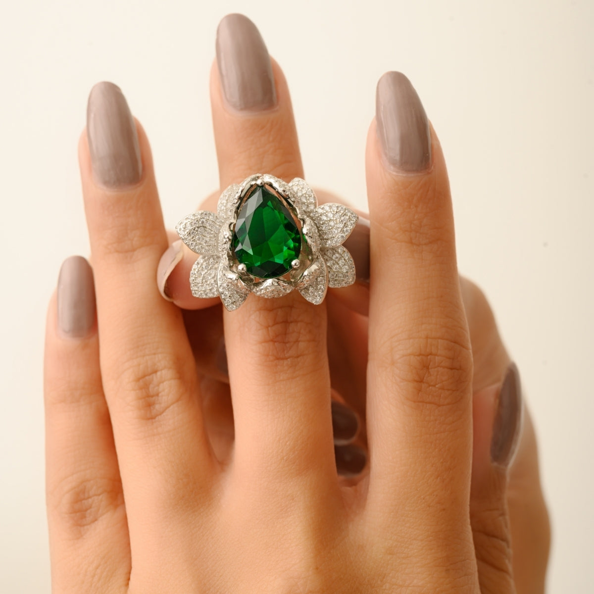 Designer Lotus Ring with Green Crystal and White CZ