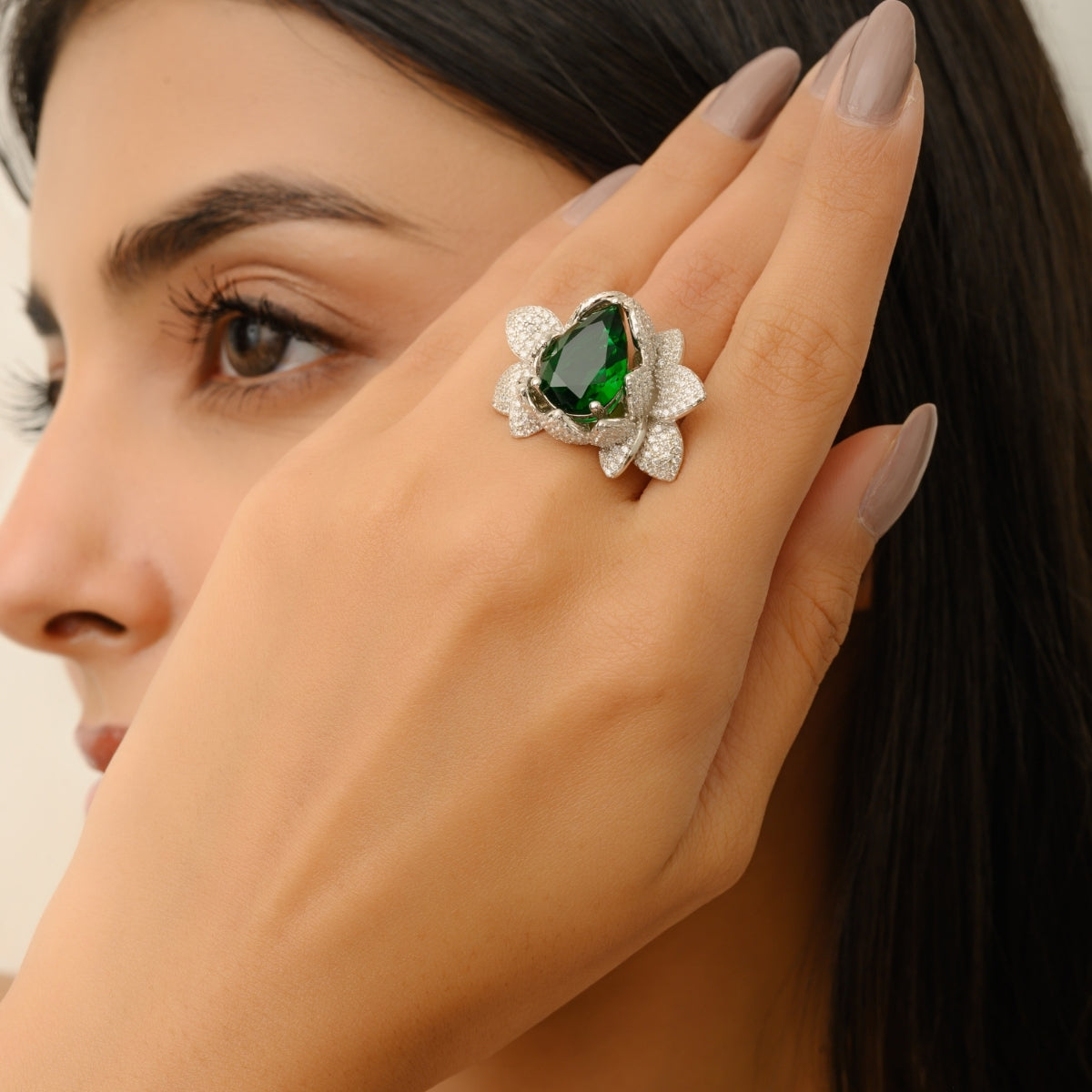 Designer Lotus Ring with Green Crystal and White CZ