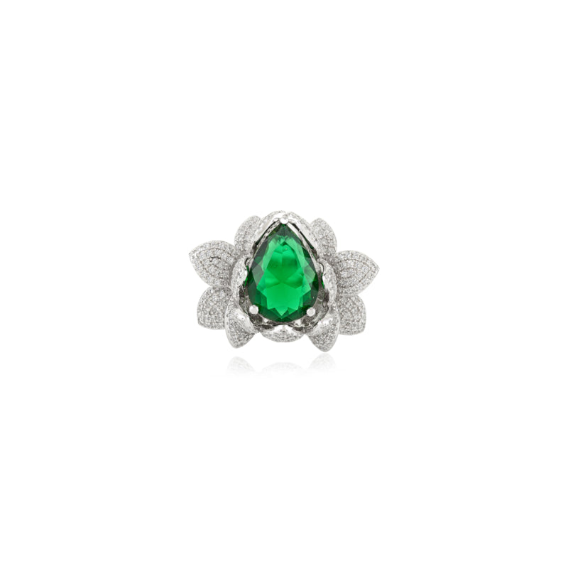 Designer Lotus Ring with Green Crystal and White CZ