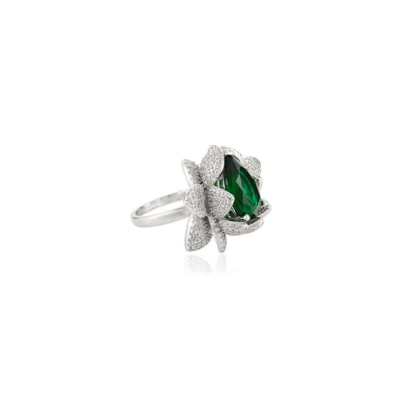 Designer Lotus Ring with Green Crystal and White CZ