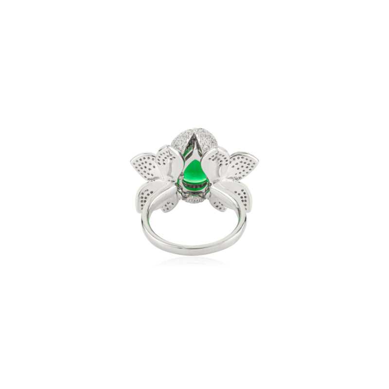 Designer Lotus Ring with Green Crystal and White CZ