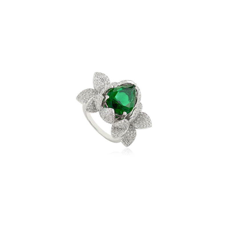 Designer Lotus Ring with Green Crystal and White CZ
