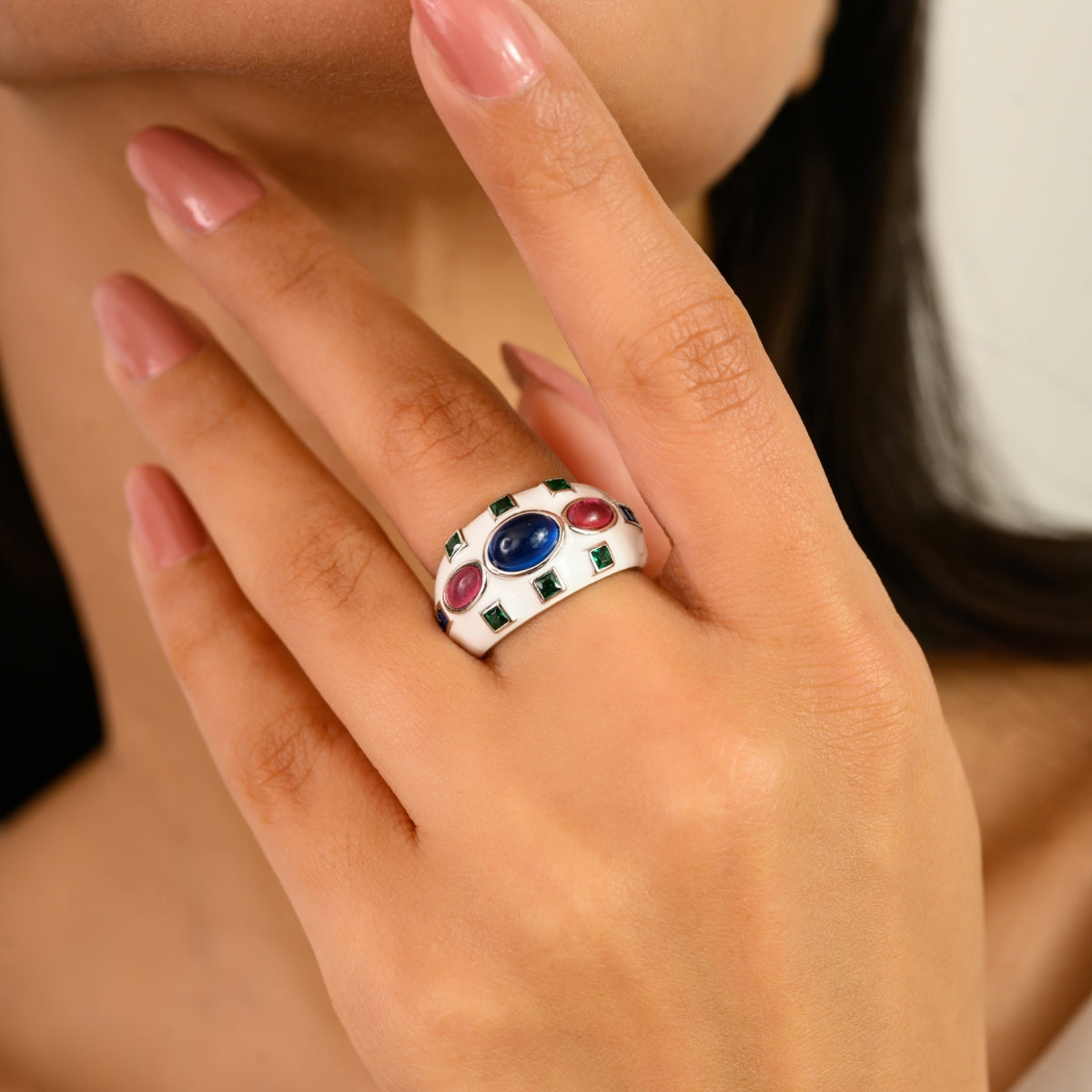 925 Sterling Silver Multi Coloured Vintage Ring