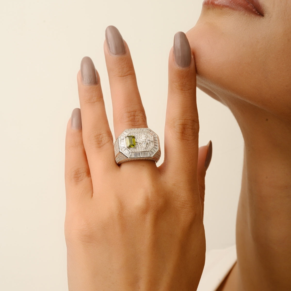 Bold Silver Unisex Ring with Emerald Cut Green Crystal