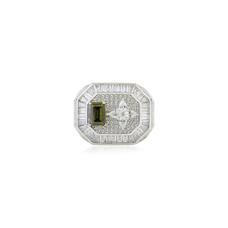 Bold Silver Unisex Ring with Emerald Cut Green Crystal
