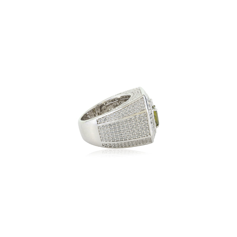 Bold Silver Unisex Ring with Emerald Cut Green Crystal