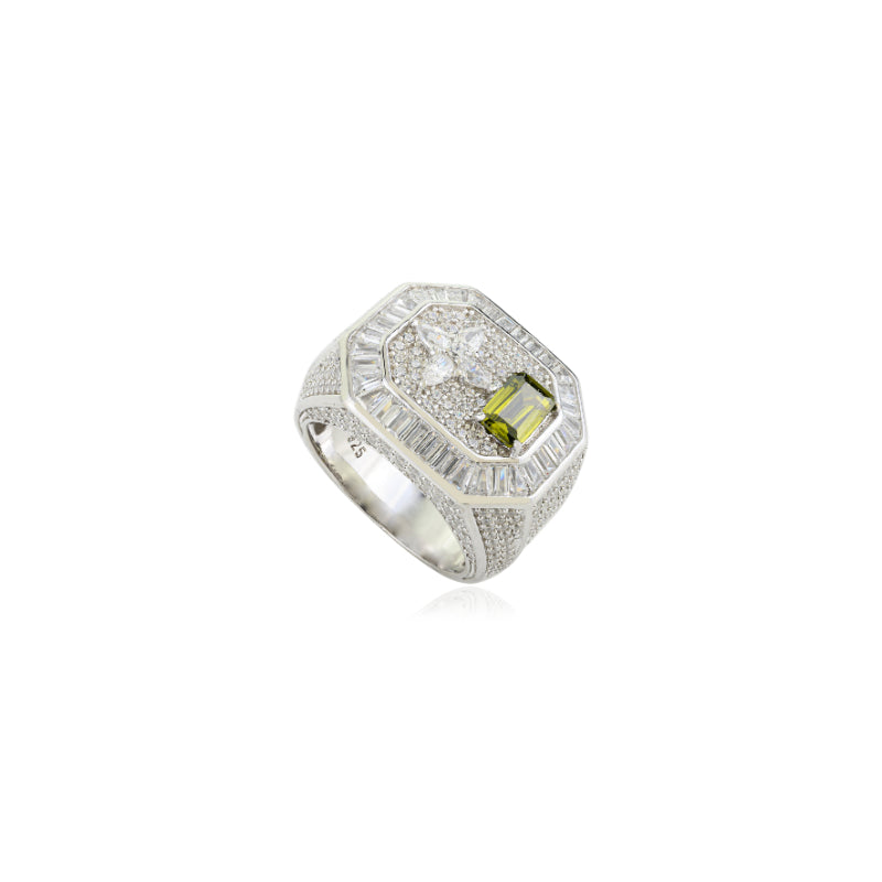 Bold Silver Unisex Ring with Emerald Cut Green Crystal