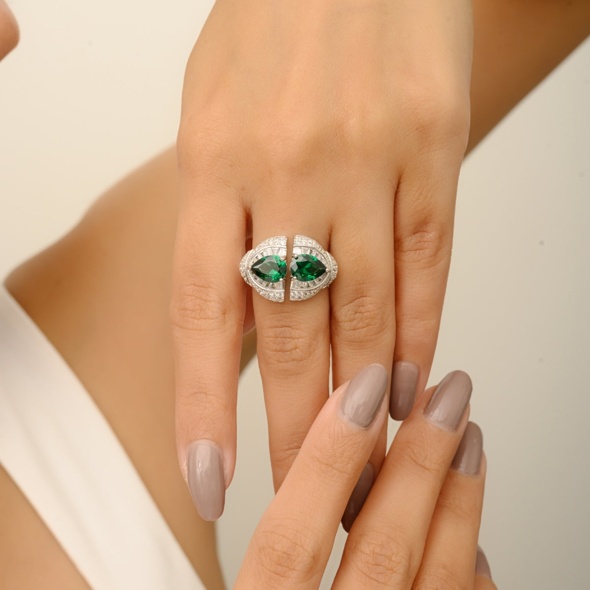 Sterling Silver Twin Crimson Ring in Green and White CZ