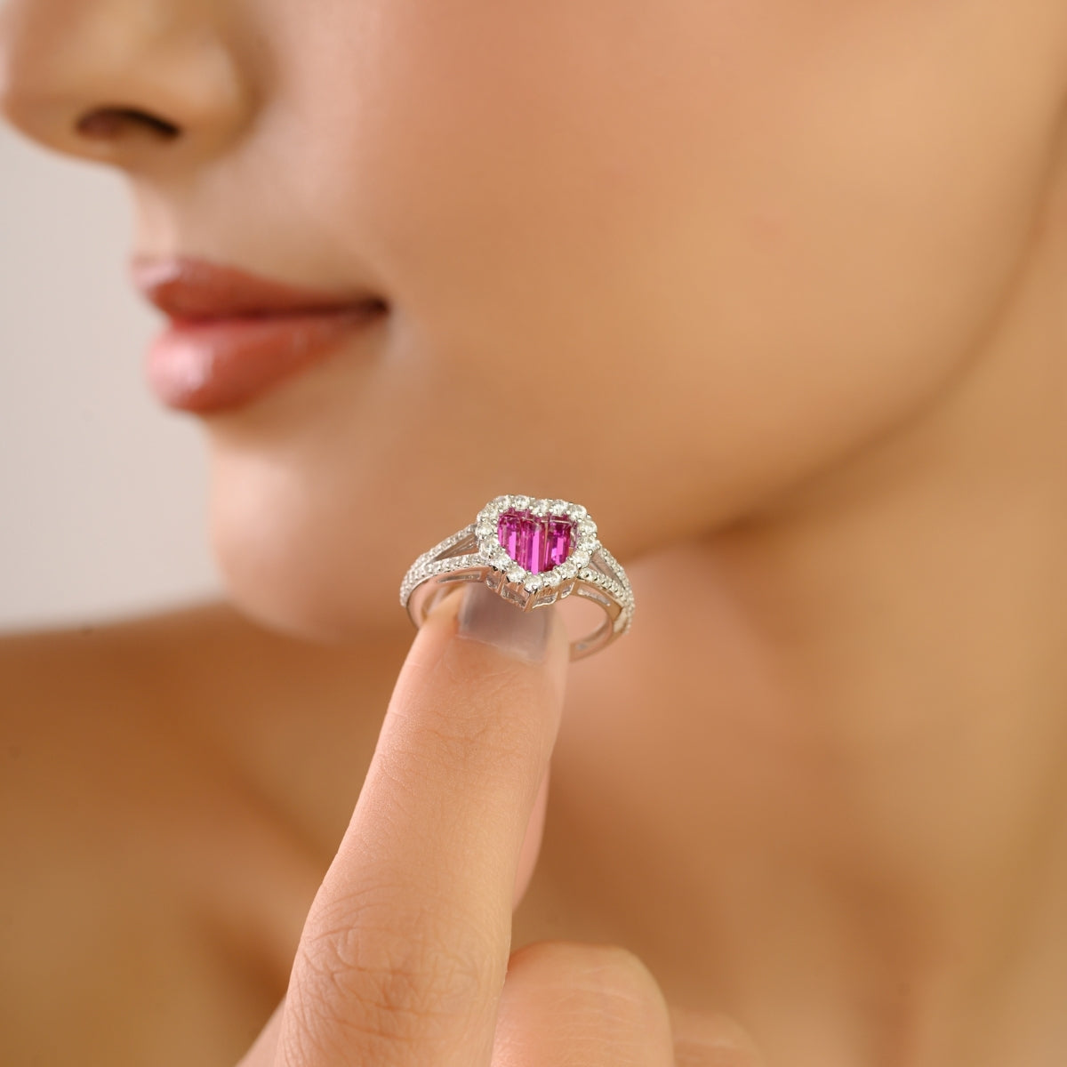 925 Sterling Silver Heart Halo Ring in Pink and White CZ