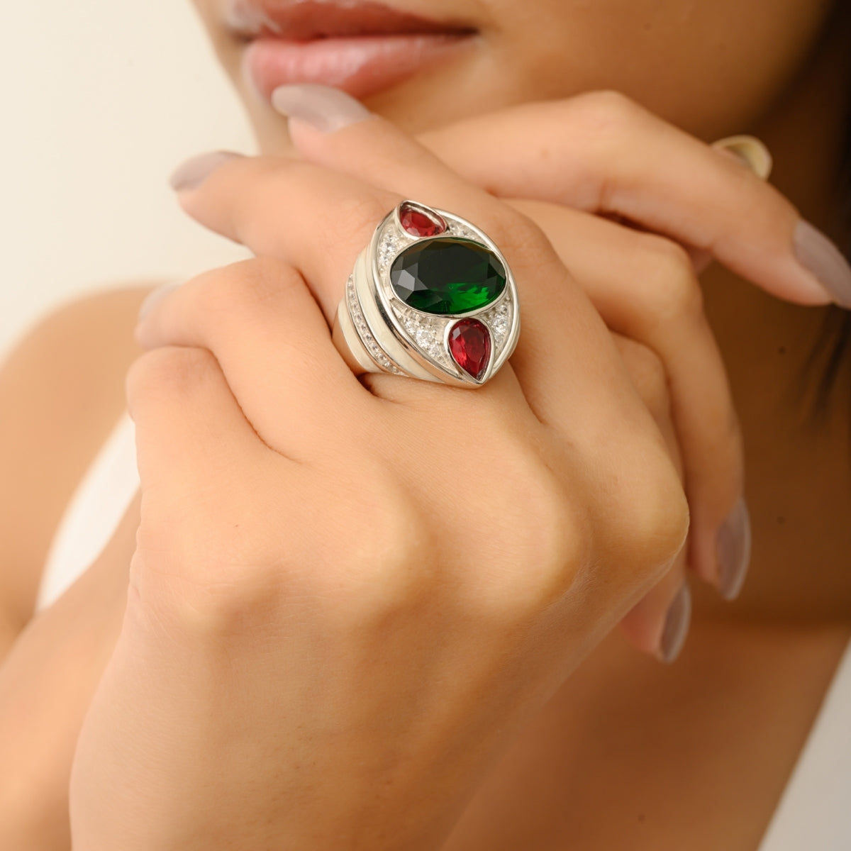 Sterling Silver Bold Green Chunky Designer Ring