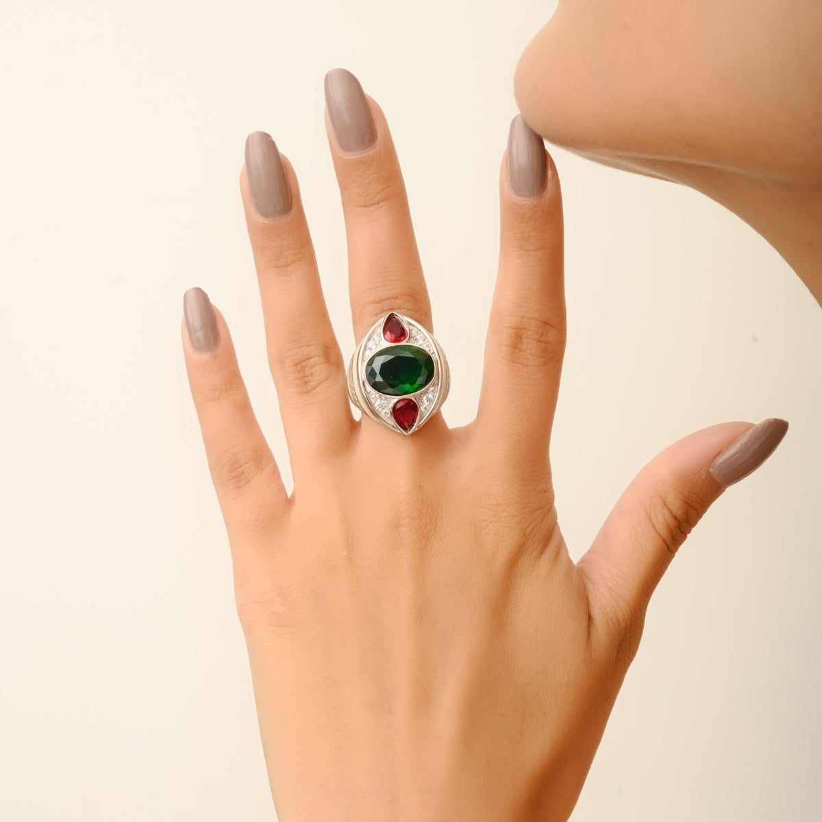 Sterling Silver Bold Green Chunky Designer Ring