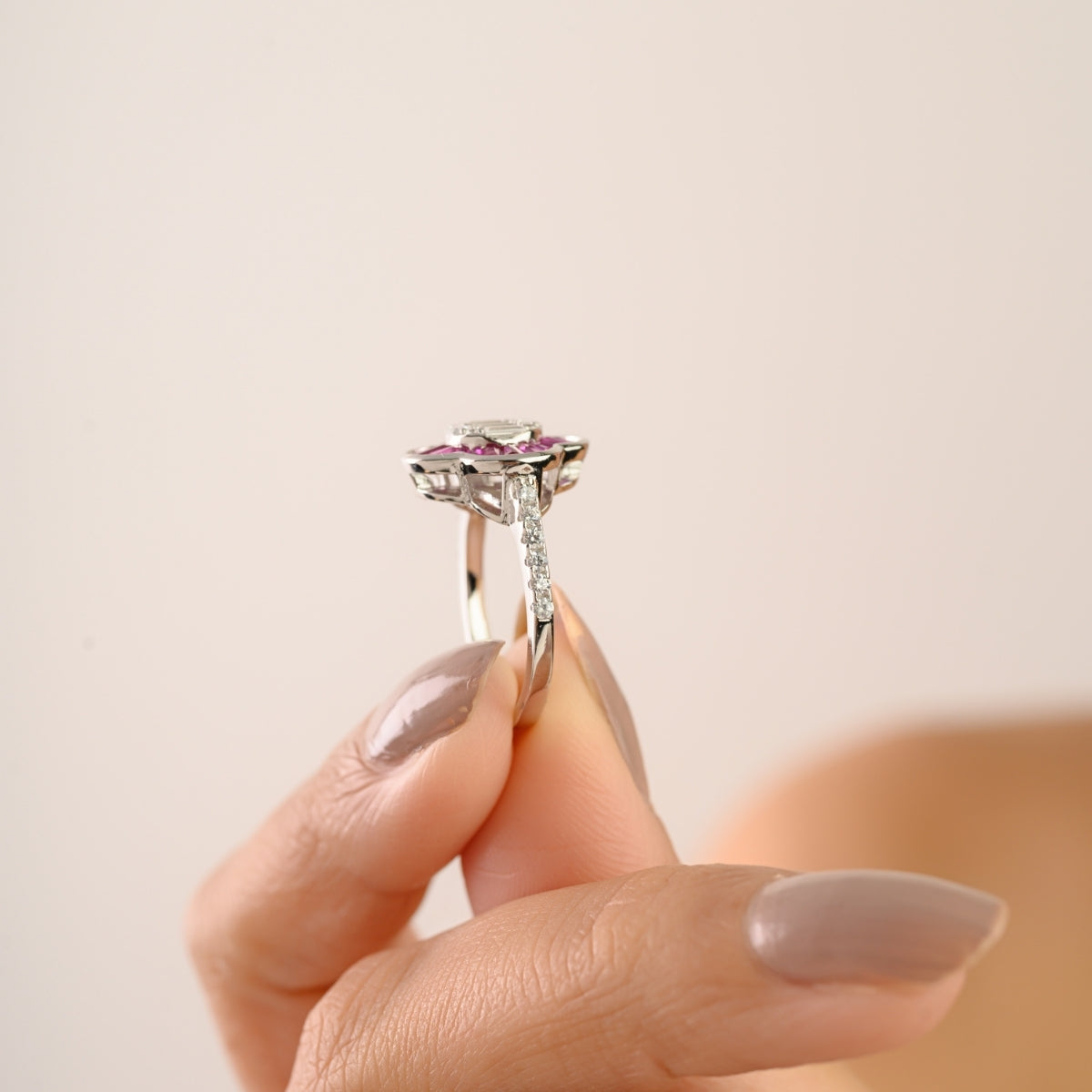 Sterling Silver Floral Ring with Pink and White CZ